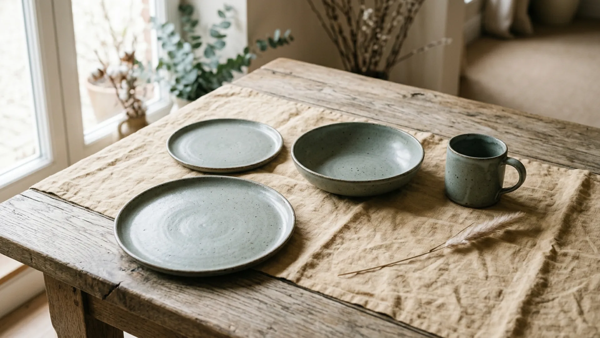 Saltgrass stoneware dinner setting on an oak table