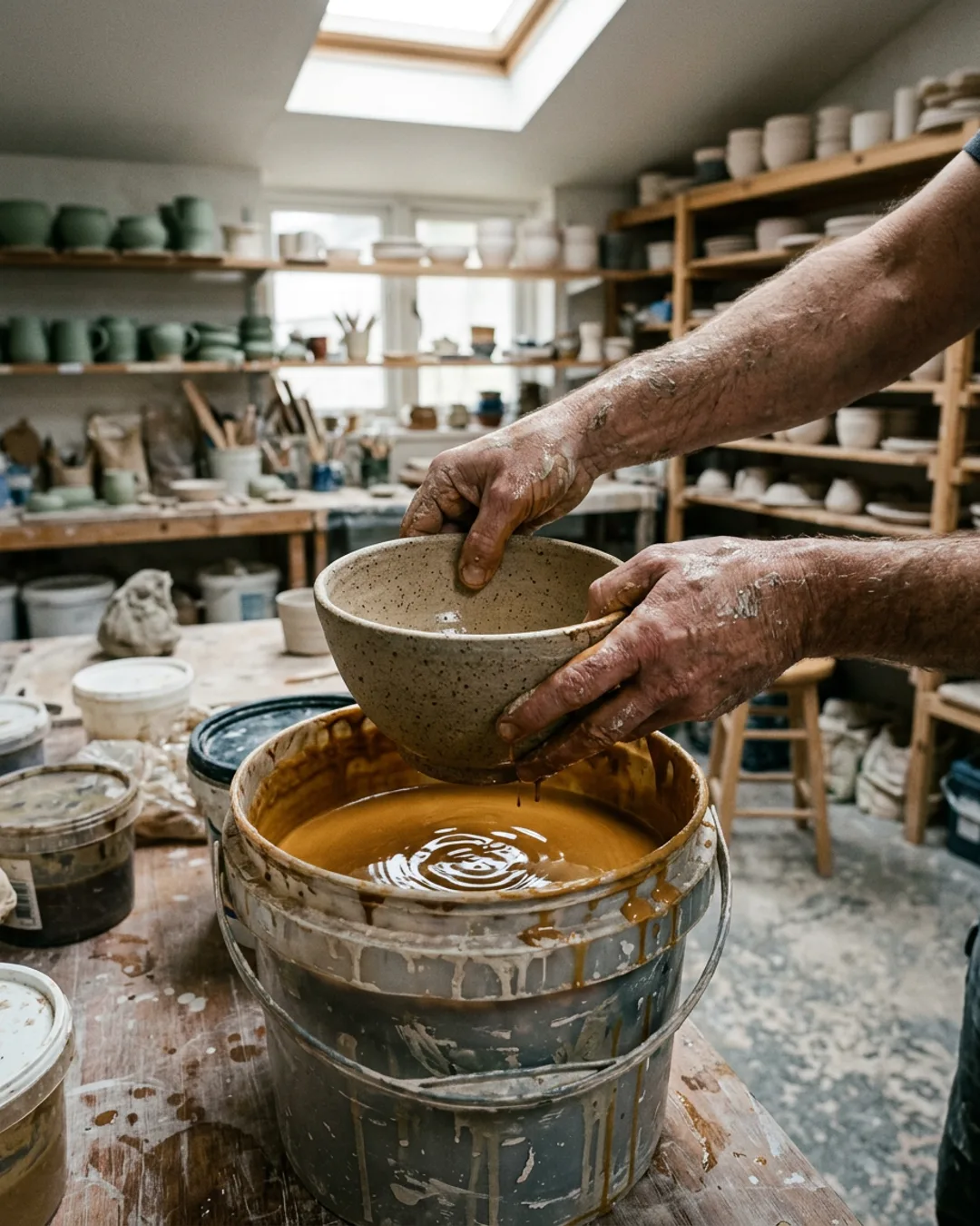Hands glazing a stoneware bowl in the studio